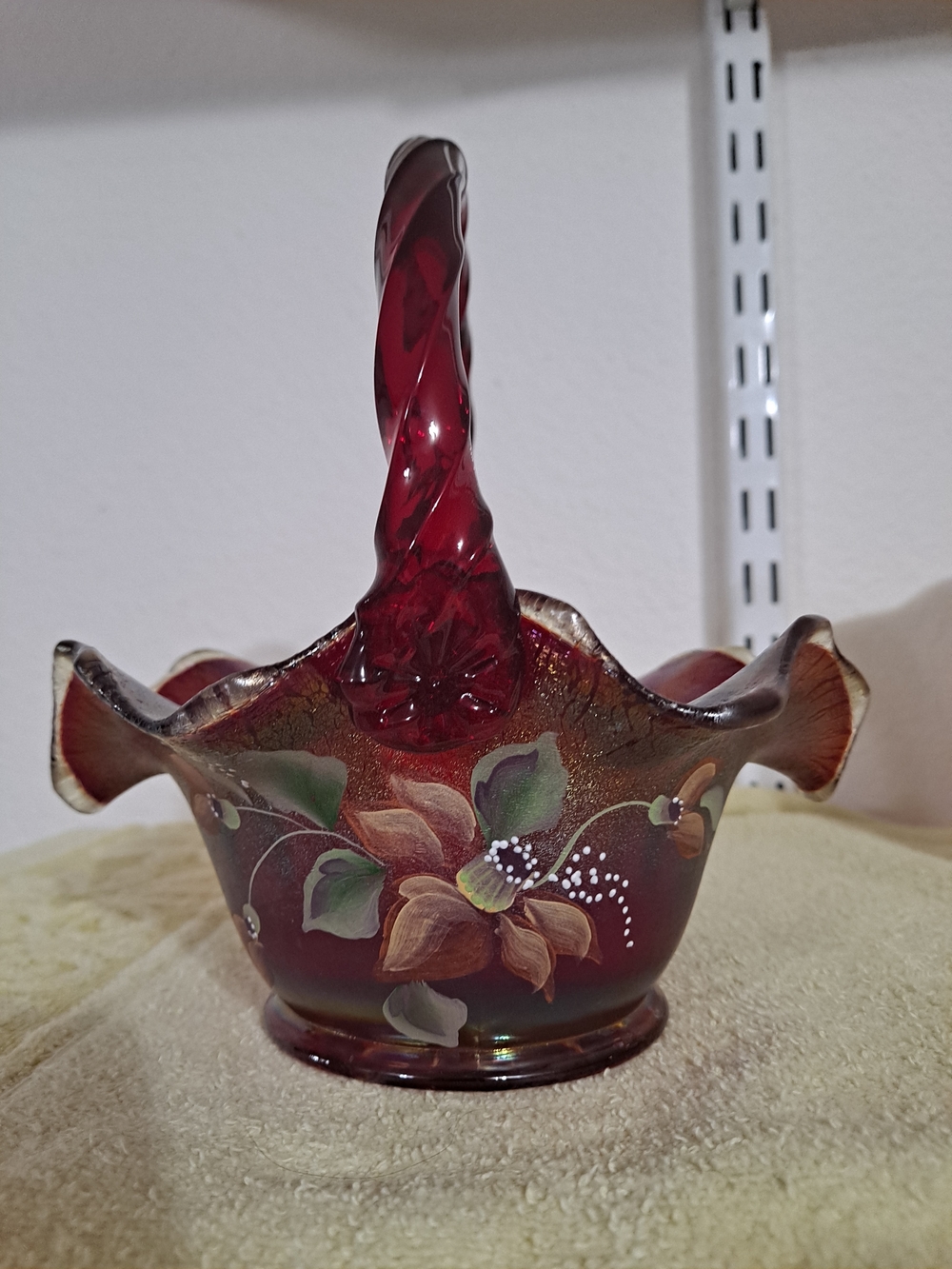 Hand-Painted Ruby Red Glass Basket with Floral Motif